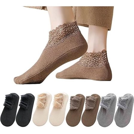 ING 2026 Muodikkaat pitsiset lämpösukat, naisten näkymättömät laskostetut nilkkasukat, syksyn ja talven liukastumista estävät nilkkasukat (8 kpl)