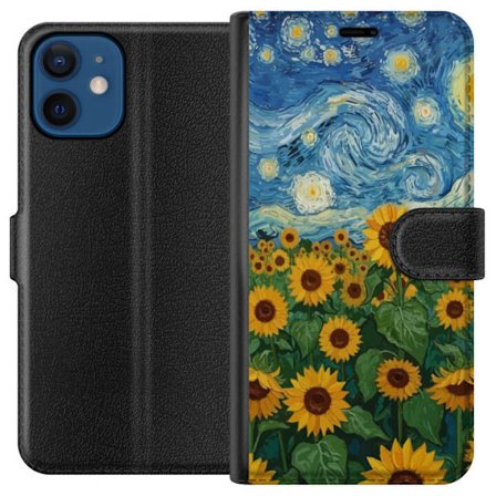 Kompatibel Tegnebogsetui til Apple Apple iPhone 12 mini Solsikkefelt under en stjerneklar himmel - Maleri inspireret af Van Gogh