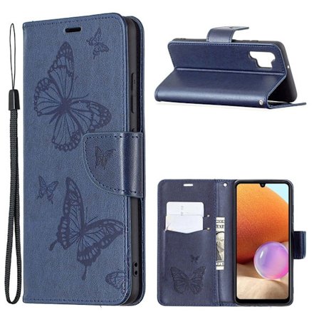 Butterfly läder Samsung Galaxy A32 fodral - Blå