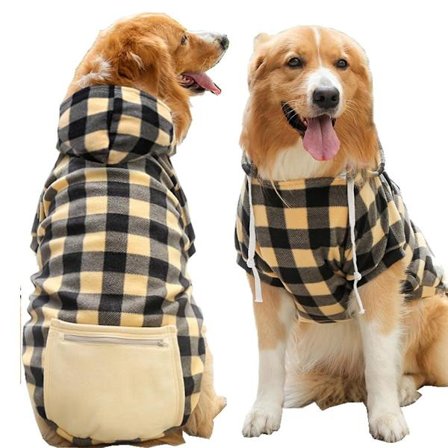 Fleece Syksyinen Hupullinen Koiran Collegepaita, Ruudullinen Koiran Huppari Kengurutaskulla ja Talutushihnan Reiällä, Pehmeä Talvinen Lämmin Koiran 
