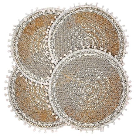 Pyöreät Pöytäliinat, 4 kpl Setti, Boho Kudotut Jute-Pöytäliinat (Valkoinen Pallo)