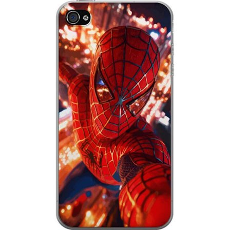 Yhteensopiva Puhelinkuori Apple Apple iPhone 4 Spider Man intensiivisessä toiminnassa välkkyvien valojen ja dynaamisen perspektiivin kera elokuvamai