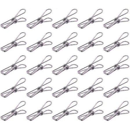 Pakkaus, jossa 25 pientä metallista piirustusklipsiä: 5 värin monitoimiklipsiä (violetti) erilaisiin käyttötarkoituksiin