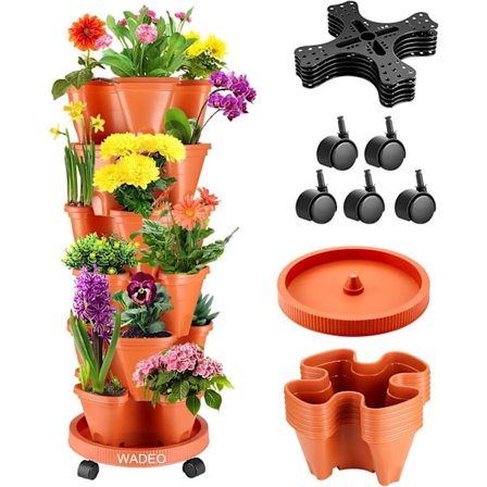 Sett med 6 stablebare blomsterpotter, tårnplanter, designet blomsterpotte, terrakottafarge, med hjul for urter og hage