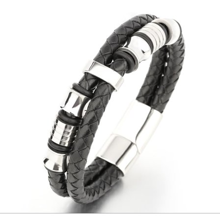 Herre Svart Lærarmbånd Sølv Rustfritt Stål Magnetisk Spenne