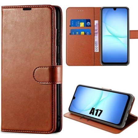 Beskyttelsesskal - BOOLING - til Samsung Galaxy A17 4G/5G - Flip Cover i Brun Syntetisk Læder