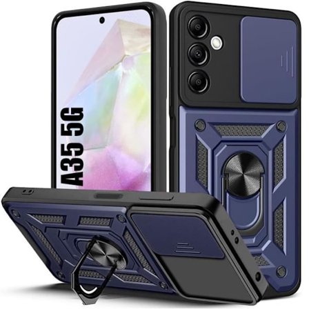 Beskyttelsesskal - BOOLING - til Samsung Galaxy A35 5G - Marineblå - Stødabsorberende - Drejelig Ringstøtte