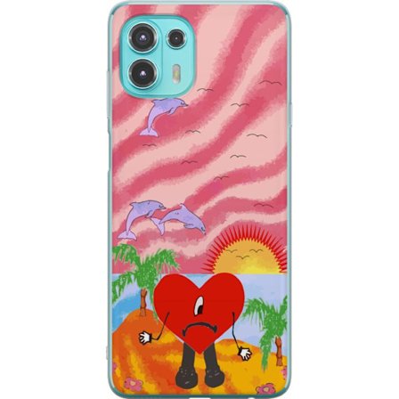 Kompatibelt Mobildeksel til Motorola Edge 20 Lite Bad Bunny i en fargerik quiltet jakke med hjertemønster og solbriller i moderne gatestil