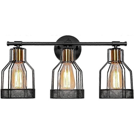 Retro industriell svart bur vegglampe for bad - 3 lamper - Metall - For bad - 2 hoder