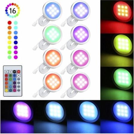 Rund dæmpbar RGB Led kabinetbelysning, fjernbetjeningsindstilling, 8-delt sæt