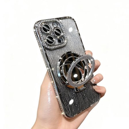 Magneettinen iPhone 15 -sarjan suojakotelo jalustalla ja peilillä (hopea, 15 plus)