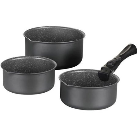 Sæt med 3 matgrå gryder 16-18-20 cm + 1 aftageligt håndtag - Aluminium - Non-stick belægning - Alle varmekilder inklusive induktion