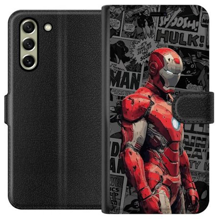 Kompatibelt Plånboksfodral till Samsung Samsung Galaxy S21 FE 5G Iron Man hjältekonst i serietidningsstil, röd metallrustning mot grå bakgrund, kr
