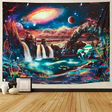 Mustavalo Galaxy-seinävaate, Palava Aurinko Avaruusvuori Järvimaisema Seinävaatteet Makuuhuoneeseen Vesiputous Mystiset Kasvit Seinäripustus