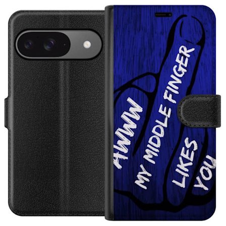 Kompatibelt Lommeboketui til Google Pixel 9 Pro Mørk typografisk illustrasjon med hjerteform og budskap om vennskap mot dyp blå tretekstur