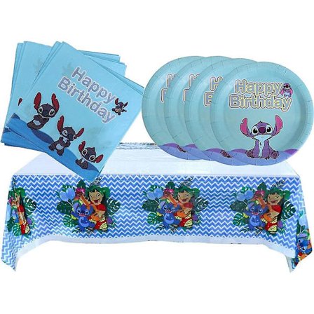 Lilo og Stitch festartikler, inkluderer 20 paptallerkener - 20 servietter - 1 dug til 20 gæster