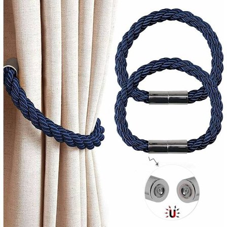 Magnetiska Gardinomtag, 2-pack Moderna Enkla Gardinrep Ombindningar med Stark Magnet, Flätat Rep Gardinhållare Dekoration (Blå)