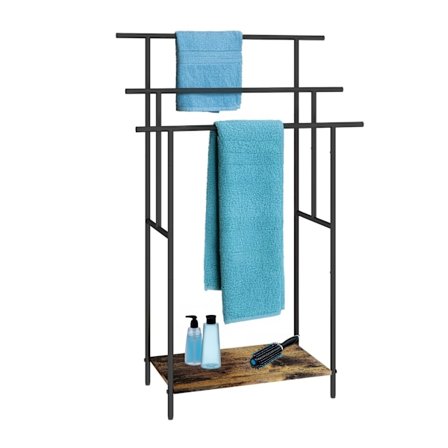 Industriell handduksställ med hylla – svart metall, träfinish