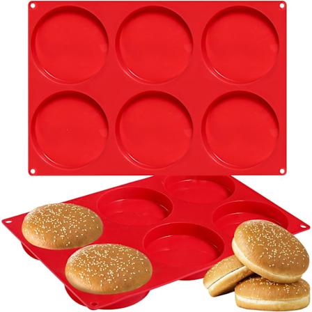 Set med 2 Burgerbröd Silikon Bakform 10 cm 6-Fack Burgerbröd Bricka, 33 x 22,2 x 2 cm Röd