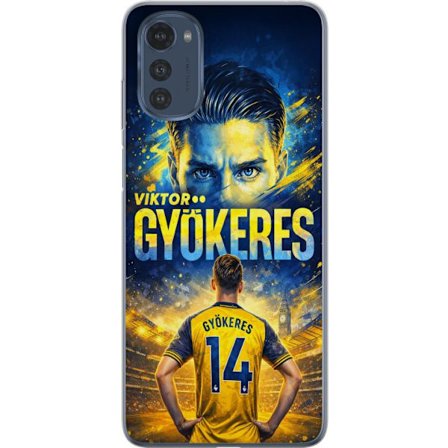 Kompatibelt Mobildeksel til Motorola Motorola Moto E32s Viktor Gyökeres fotballplakat i gult og blått med dramatisk stadionbakgrunn, sportillustrasj