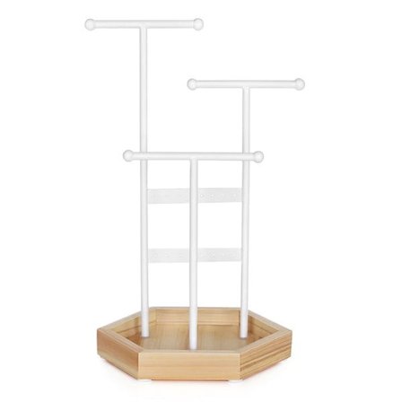 Smyckesställ metall med sexkantig träbas och flera nivåer - Vit/Trä