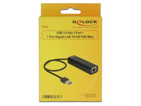 Delock USB 3.0 Hub 3 Port + 1 Port Gigabit LAN 10/100/1000 Mb/s - hub - 3 porter