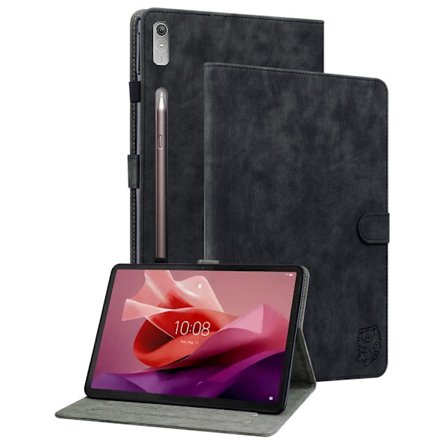 SKALO Lenovo Tab P12 Cute Tiger PU-læder Flip Cover - Sort