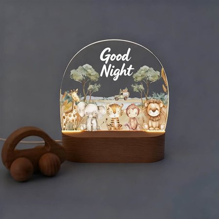 Safari-yövalo, Safari-lastenhuone, vauvalahja syntymälle, traktori, yövalo pojalle, yövalo lapsille, LED-yövalo, imetysvalo