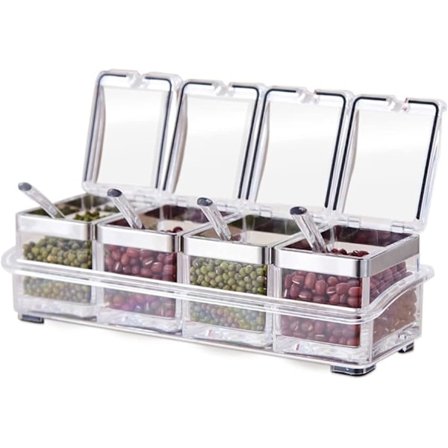 KÖK Lufttät Gourmet Akryl Kryddburk - Premium Kvalitet Ren Akrylbehållare och Fodral - 18/8 Rostfritt Stål Ring - 4 Serveringsskedar - Luxu