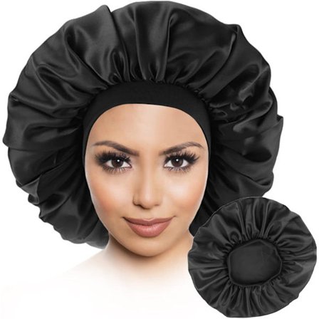 Satin Nat Bonnet - Silke Nat Hår Bonnet - Blød Elastisk Satin Bonnet Tilpasset Alle Kvinder (Sort Farve)