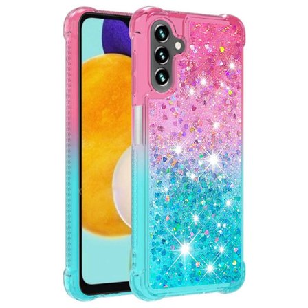 SKALO Samsung A54 5G Kvicksand Glitter Hjerter TPU Cover - Pink-Turkis