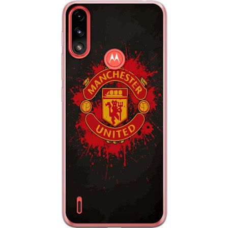 Kompatibelt Mobildeksel til Motorola Motorola Moto E7 Power Manchester United logo i rød og gul farge med røff sportslig bakgrunn