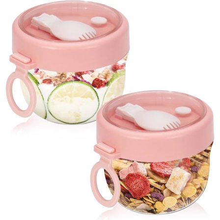 2-pak 590 ml Havregrynbeholdere til natten over med låg og ske - Bærbare morgenmadskopper i plastik til havregryn, mælk, cornflakes, frugt og yoghurt