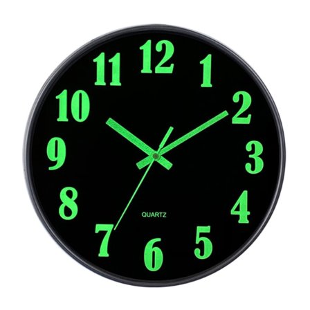 CDQ 12-tommers selvlysende veggklokke med tydelig tekst, synlig om natten