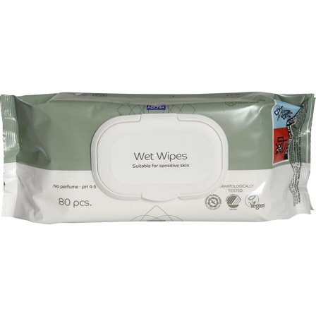 ABENA Våtservetter, plastlock, dermatologiskt testade, oparfymerade, 180 x 200 mm 80/fp - Lyreco - Städ och hygien - Tvål och hygien - Våtservetter