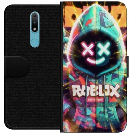 Yhteensopiva Lompakkokotelo Nokia Nokia 2.4 Neonvärisellä Roblox-hupparihahmolla on hehkuvia efektejä ja energialla täytetty tausta, moderni peli-