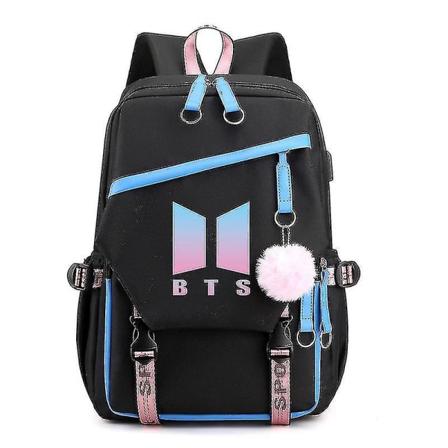 Bts Ungdomsgrupp Ryggsäck Usb Laddning Ryggsäck Stor Kapacitet Student Skolväska[HK] Black blue