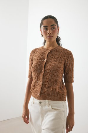 NA-KD - Strikket cardigan med korte ermer og hekling - Cardigan - Brun - L