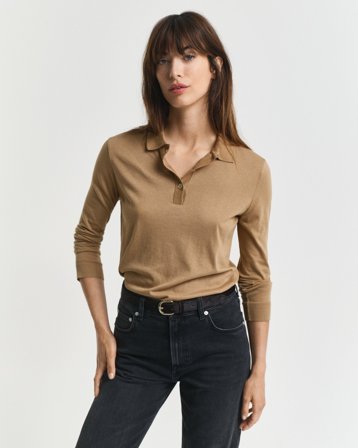 GANT Damen Nahtloses Langarm-Poloshirt mit Knöpfen (M) Khaki