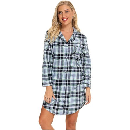 Naisten puuvillainen yöpaita, pitkähihainen napitettava yöpaita flanelliyöpaita, l, sininen