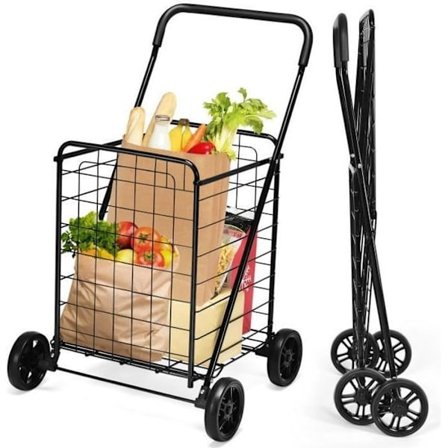 COSTWAY 83L hopfällbar shoppingvagn, shoppingvagn med rostfri metallram - 45 kg kapacitet - bekvämt handtag - svart