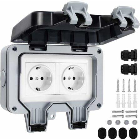 Dobbelt vandtæt stikkontakt med vandtæt afbryderboks, støvtæt vægudtag