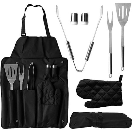 7-delt grillkit med grillforklæde i rustfrit stål, grill