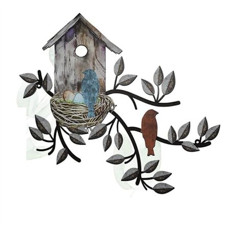 Metallista ripustettava puu linnunpöntöllä, ulkoseinäkoriste, lintukoristeet , Metallilehden seinäkoriste C