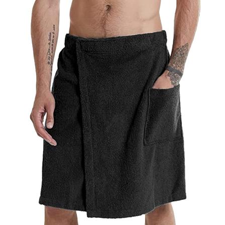 Justerbar badehåndklede for menn - Bærbar håndkleskjørt med lomme for treningsstudio, dusj, badstue, spa og stranddekke, svart, M