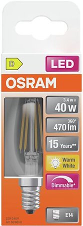 OSRAM Led Lyspære E14 Classic B40 470lm klar Dimbar Varmhvit