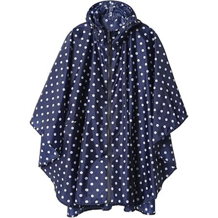 Vanntett regnponcho for voksne, multifunksjonell regnkappe med hette. Mørkeblå med prikker