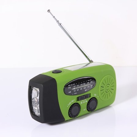 Vevradio med Solceller, Lommelygte og 2000mAh Powerbank rød SOS (grøn)