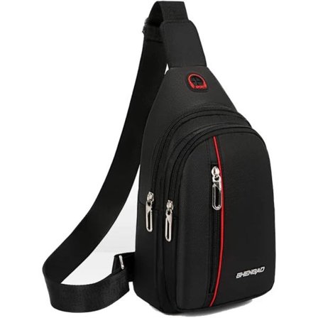 Lille skuldertaske, brysttaske, rejsetaske, afslappet daypack, skuldertaske til mænd og kvinder med hovedtelefonstik, vandafvisende (sort)—max