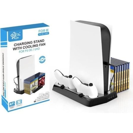 (Sort) Kølestativ til PS5, PS5 Controller Stand med LED-indikatorer, Oplader med 14-Disks Opbevaring